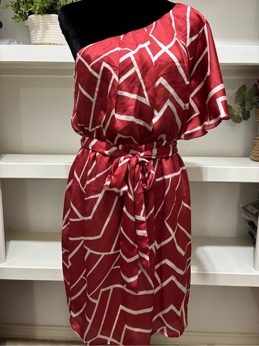 Charming Charlie One-Shoulder Red & White Geometric Dress